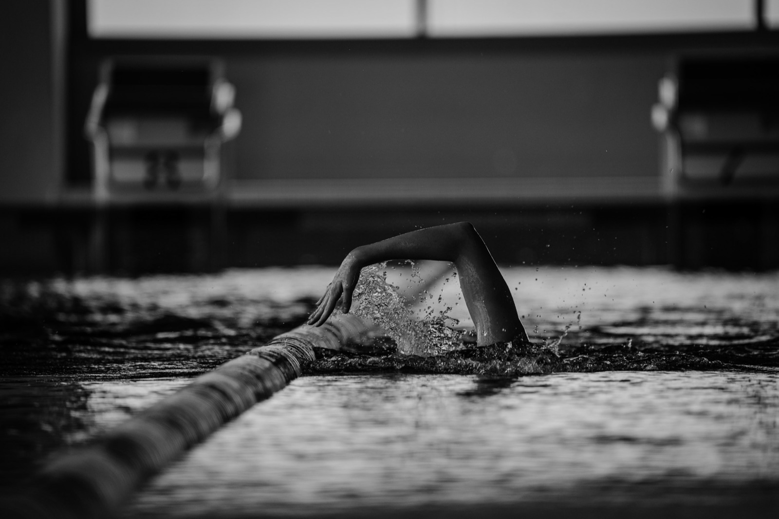 Image size 1600x900. Swimmer training through a ladder set in a lap pool.
